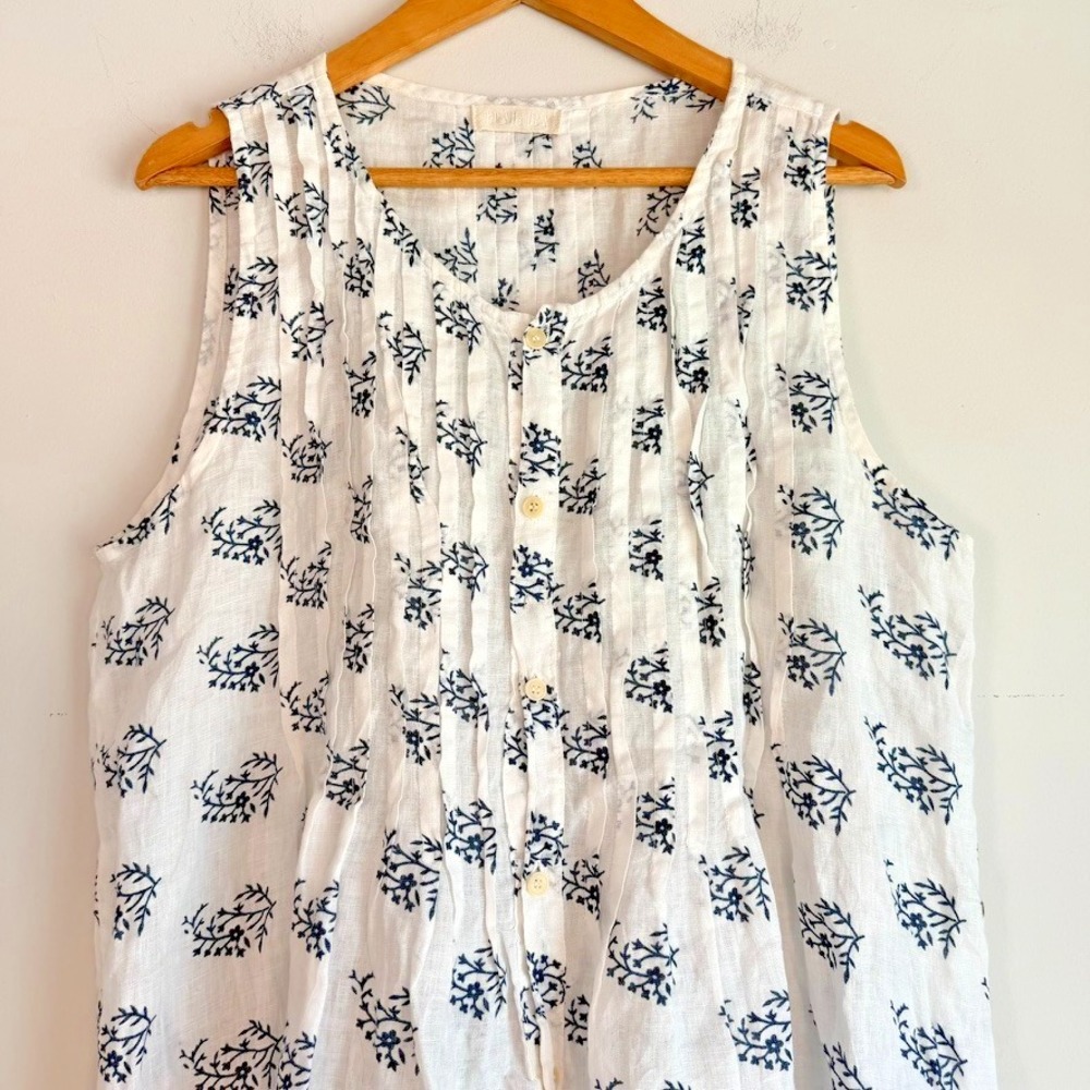 CP Shades Linen Floral Tunic Top Large Botanical Print Boho Coastal Sleeveless - Picture 2 of 11
